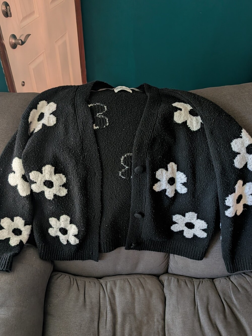 No Boundaries Black Cardigan with White Floral Pattern